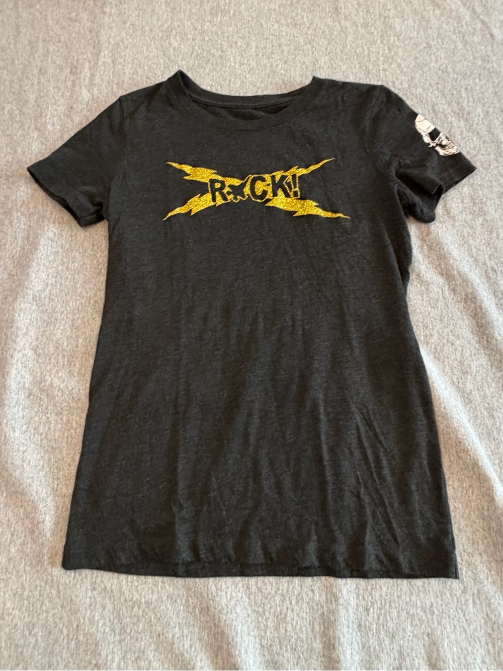 Girls Black Graphic 'Rock' Tee with Yellow Lightning, fighter jet and skull